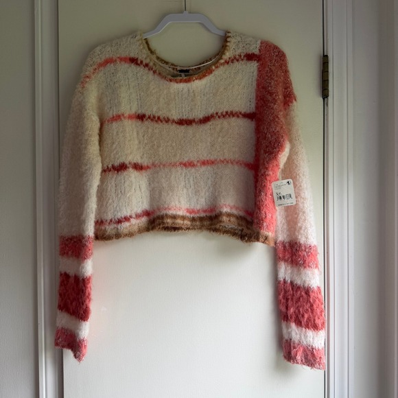 Free People Sweaters - Free People Champagne Dream Comb Fuzzy Striped Cropped Sweater XS OB1530920